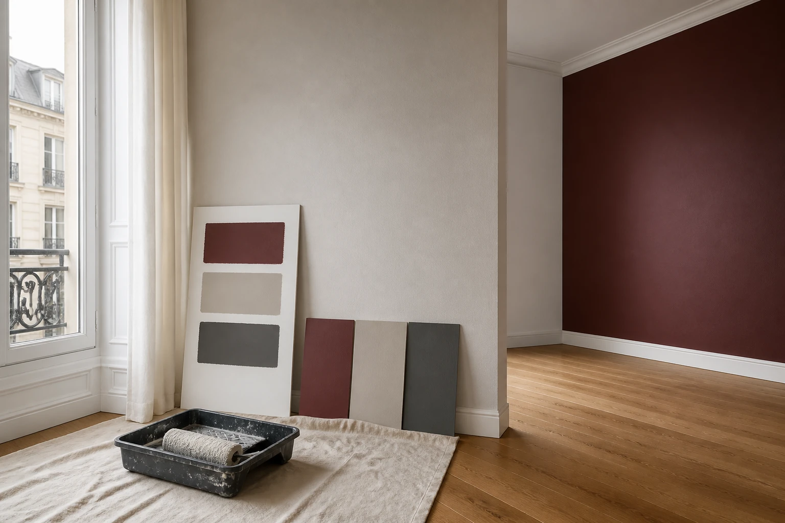 Échantillons de peinture bordeaux, beige et graphite dans un intérieur lumineux